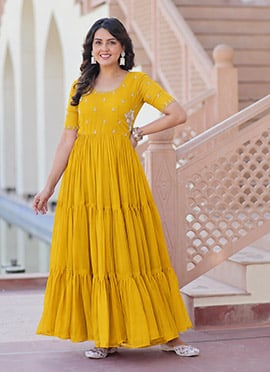Yellow Georgette Beads And Sequins Work  Anarkali Gown