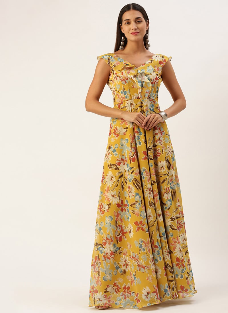 Yellow Georgette Digital Print V Neck Gown Party Wear