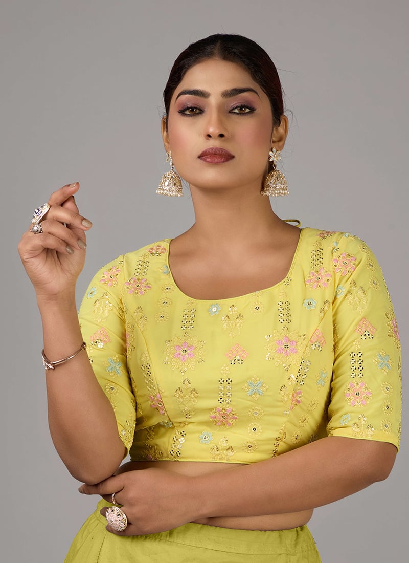 Yellow Georgette Embroidered Round Neck Blouse Festive Wear