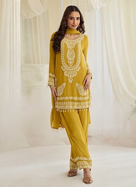Yellow Georgette Embroidered Sequins Beads Straight Pant Suit