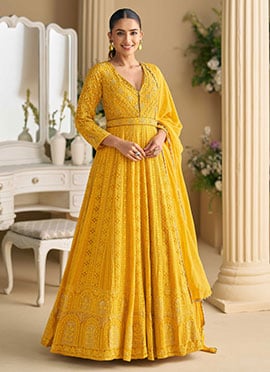 Yellow Georgette Embroidered Sequins Chikankari Anarkali Suit