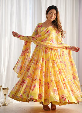 Yellow Georgette Floral Print Anarkali Suit