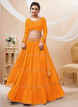 Yellow Georgette Leheriya Print Bhai Duj Special Umbrella Lehenga With Gota