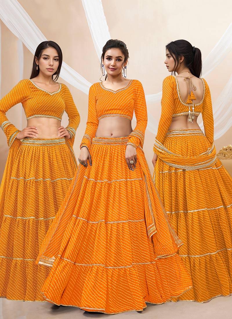 Yellow Georgette Leheriya Print Bhai Duj Special Umbrella Lehenga With Gota Party Wear