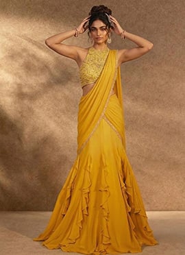 Yellow Georgette Mermaid Lehenga Set With Sequins Hand Embroidery