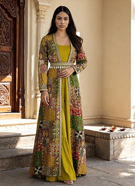 Yellow Georgette Printed Embroidered Sequins Stones Mirror Work  Jacket With Gown