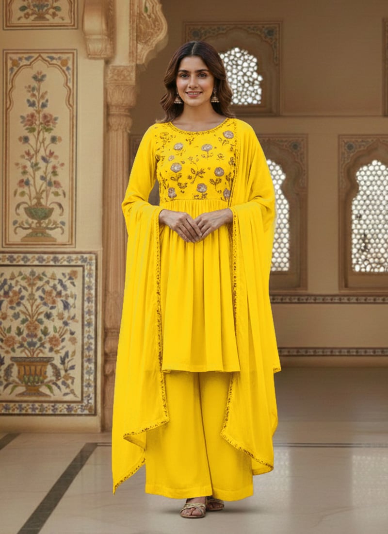 Yellow Georgette Resham Sequins Palazzo Suit Festive Wear