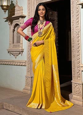 Yellow Georgette Zari Embroidered Saree