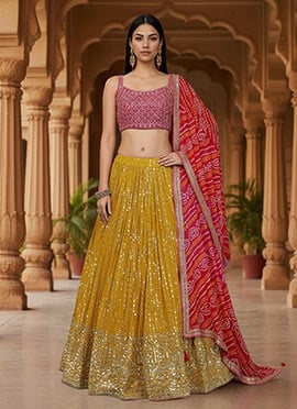 Yellow Georgette Zari Embroidered Sequins With Mirror Work Lehenga With Bandhini Print Dupatta