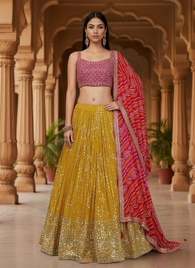 Yellow Georgette Zari Embroidered Sequins With Mirror Work Lehenga With Bandhini Print Dupatta