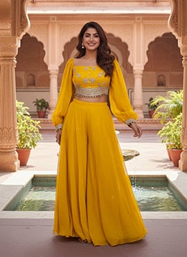 Yellow Georgette Zari Sequins Indowestern Sets And Suits