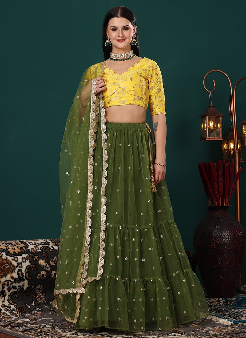 Yellow Jacquard N Green Embroidered Lehenga
