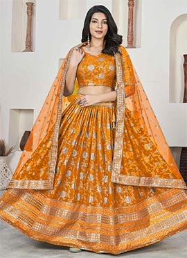 Yellow Jacquard Silk Embroidered Umbrella Lehenga