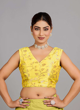 Yellow Jacquard V Neck Blouse
