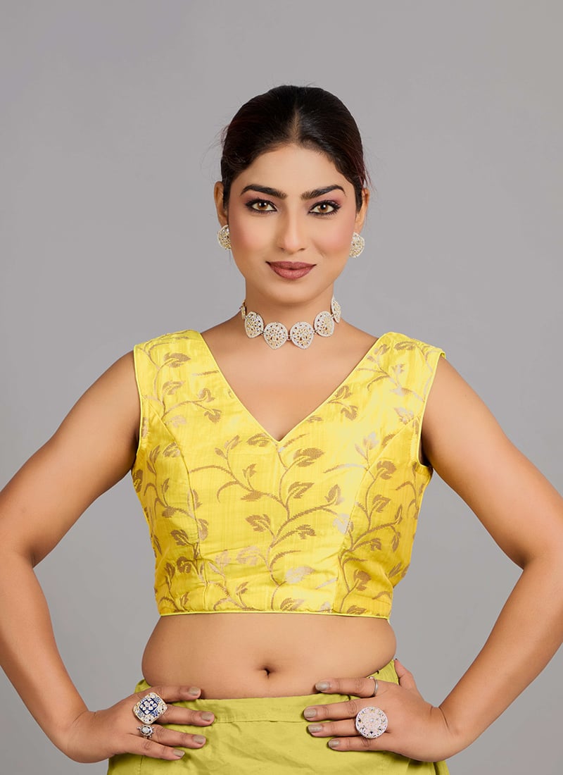 Yellow Jacquard V Neck Blouse Party Wear