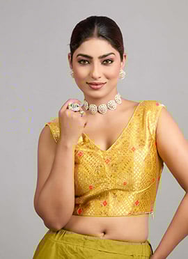 Yellow Jacquard V Neck Blouse