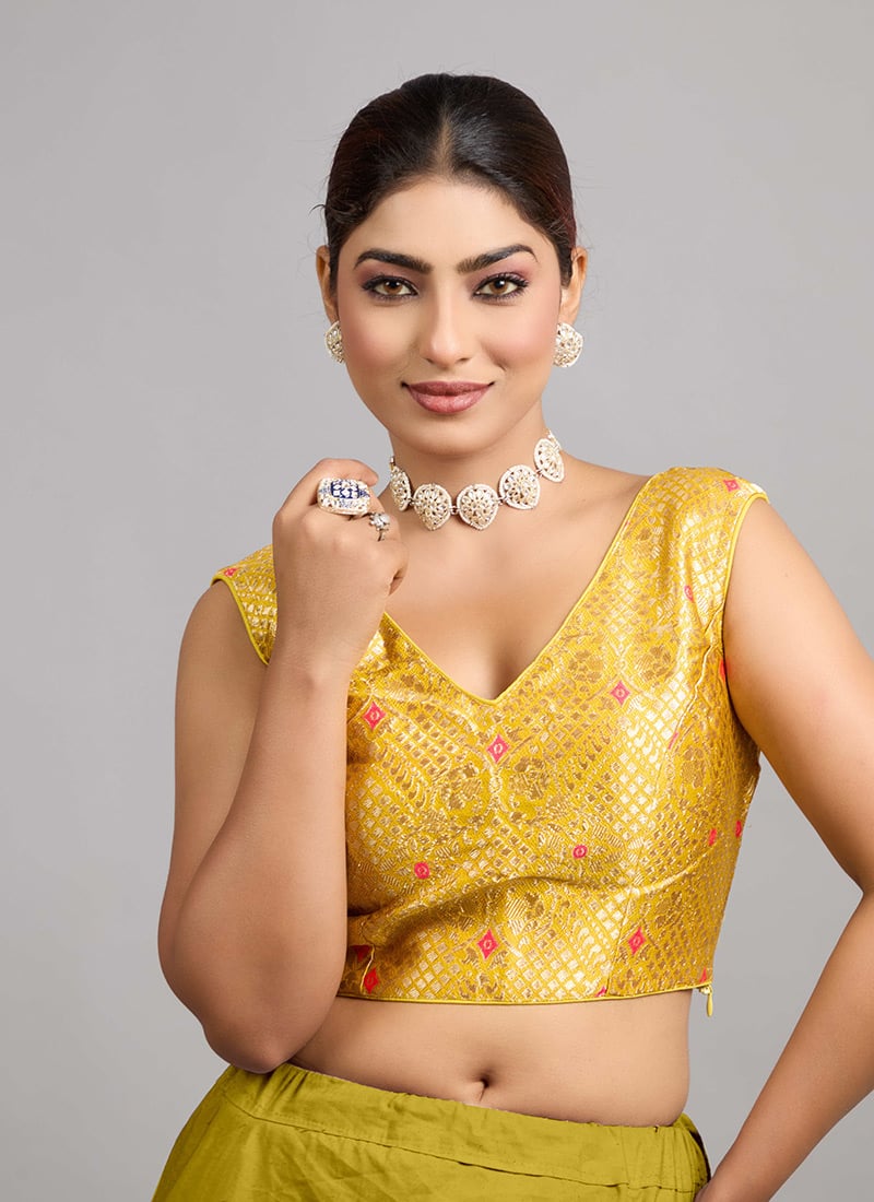 Yellow Jacquard V Neck Blouse Party Wear