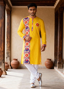 Yellow Kutch Work Kurta Pyjama