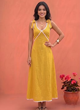 Yellow Lace Trim Cotton Tie Shoulder Maxi Dress
