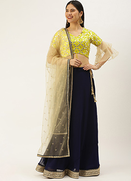 Yellow Mirror Embroidered Viscose Navy Blue Lehenga