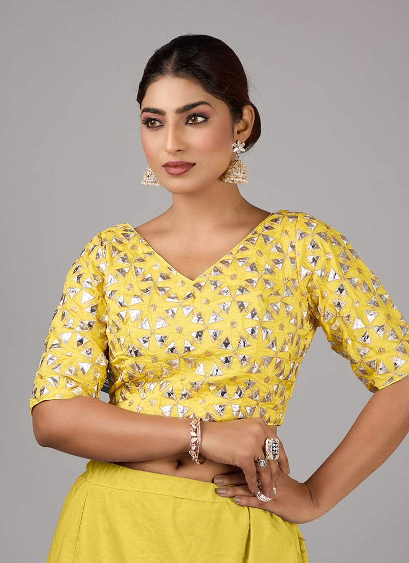 Yellow Mirror Embroidered Viscose V Neck Blouse Wedding Wear