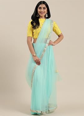 Yellow N Blue Embroidered Pleated Saree