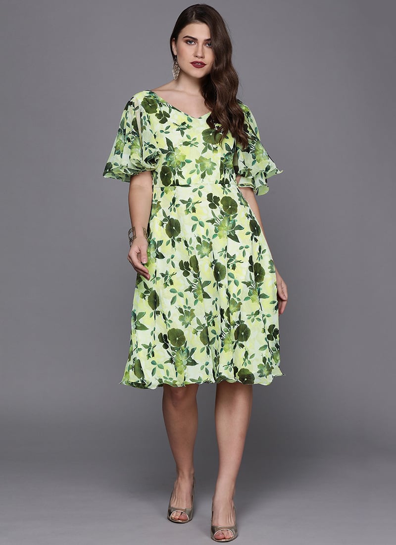 Yellow N Green Digital Printed Georgette Dress