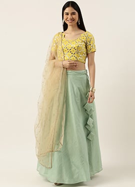 Yellow N Green Embroidered  Low Neck Lehenga