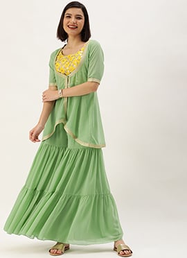 Yellow N Green Embroidered Sharara Suit