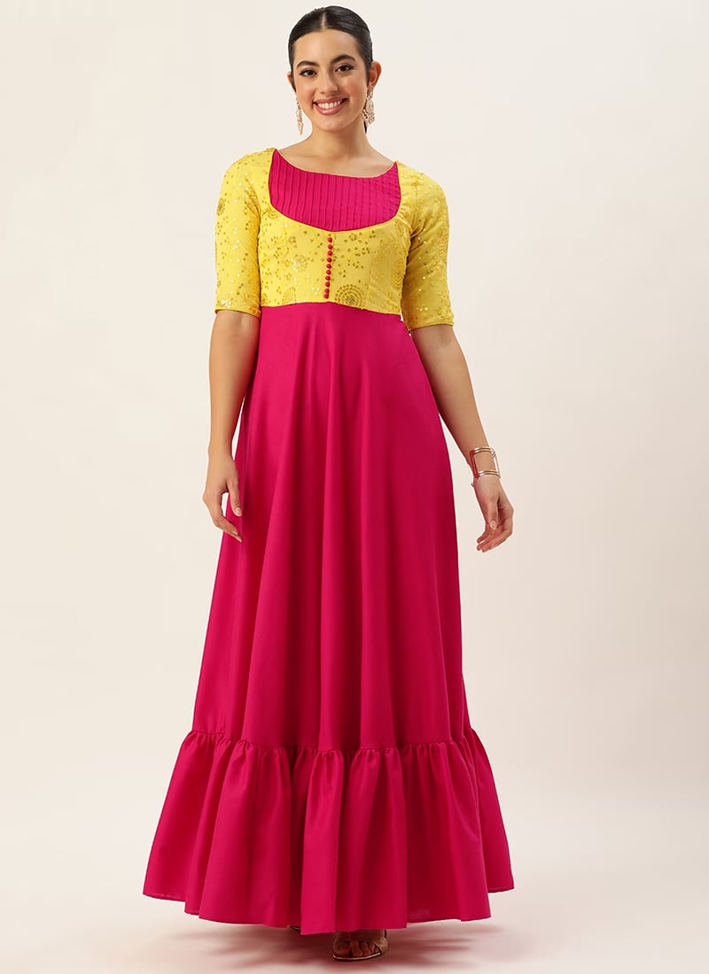 Yellow N Pink Chinon Embroidered Gown