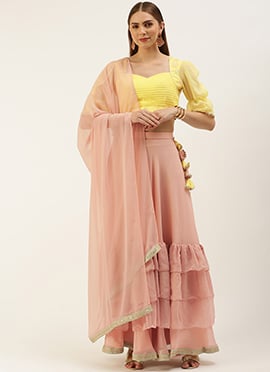 Yellow N Pink Embroidered Layered Lehenga Set
