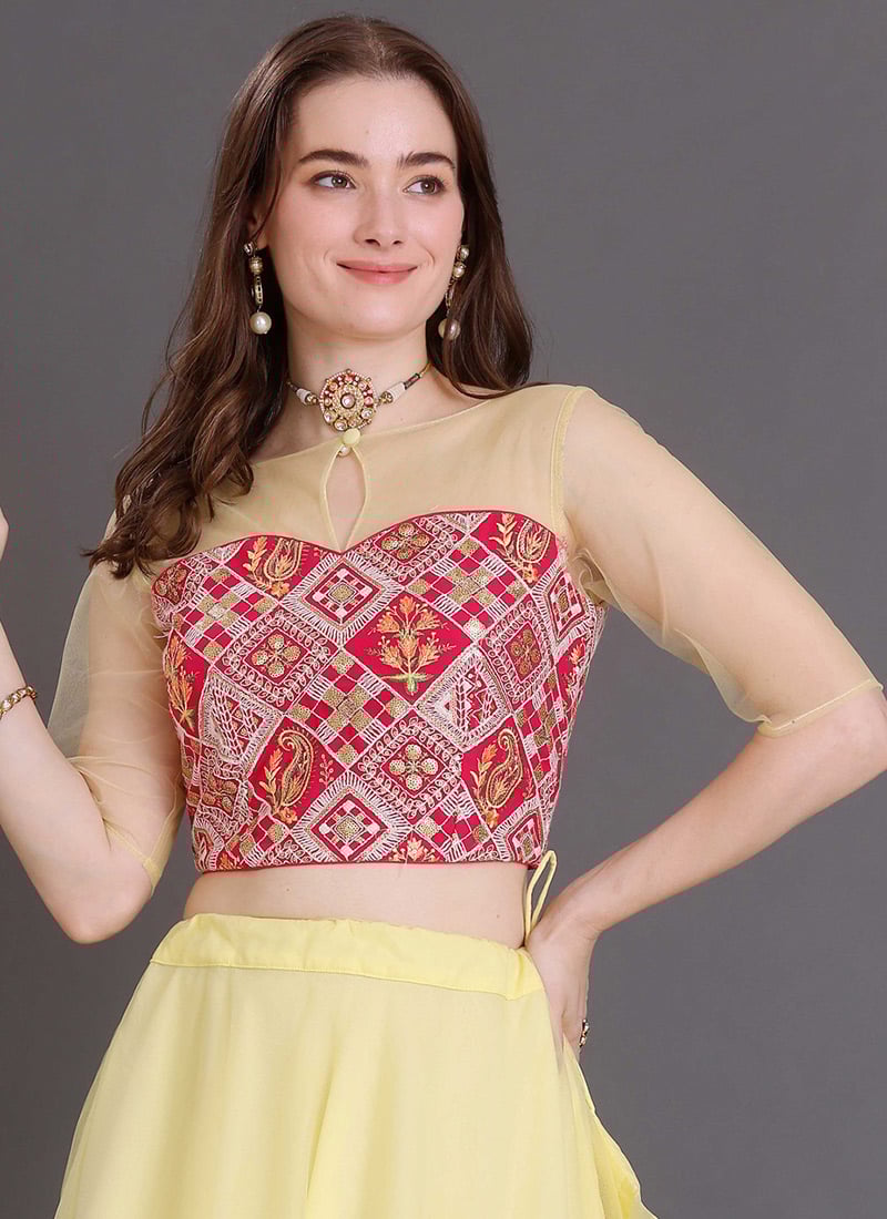 Yellow N Pink Georgette Sequins Embroidered Blouse Wedding Wear