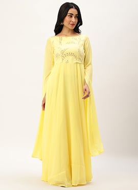 Yellow Net Embroidered Indowestern Set