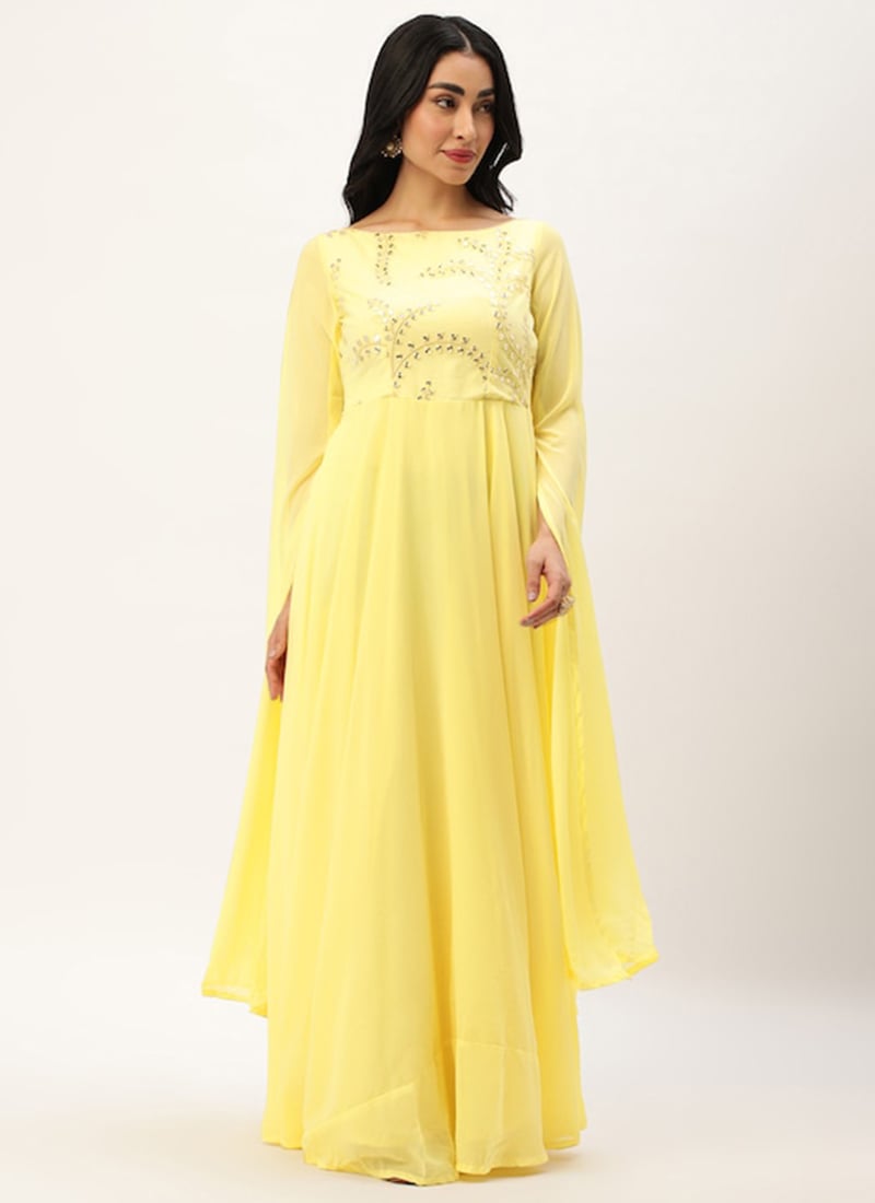 Yellow Net Embroidered Indowestern Set Party Wear