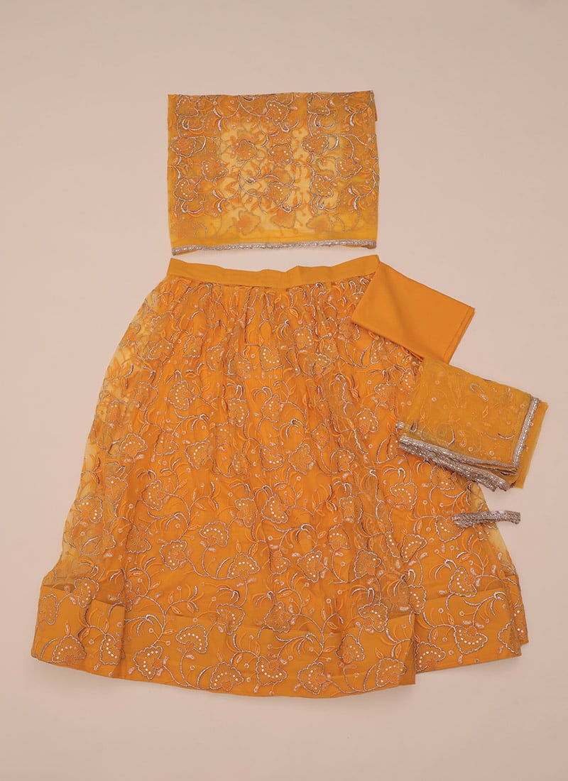 Golden Yellow Embroidered Net Lehenga