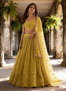 Yellow Net Hand Work Diwali Umbrella Lehenga With Embroidery And Sequins