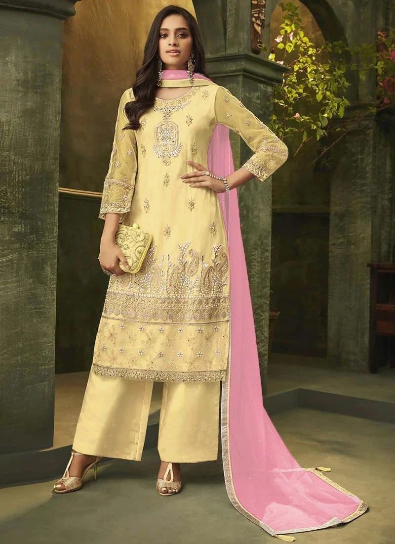 Yellow Net Palazzo Suit Party Wear