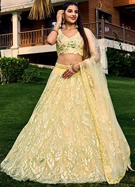 Yellow Net Sequins Elegant Lehenga Choli And Dupatta For Haldi Function