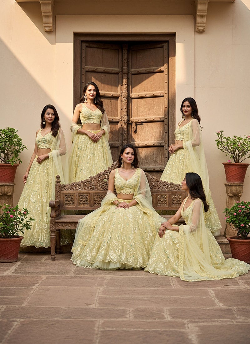 Yellow Net Sequins Elegant Lehenga Choli And Dupatta For Haldi Function