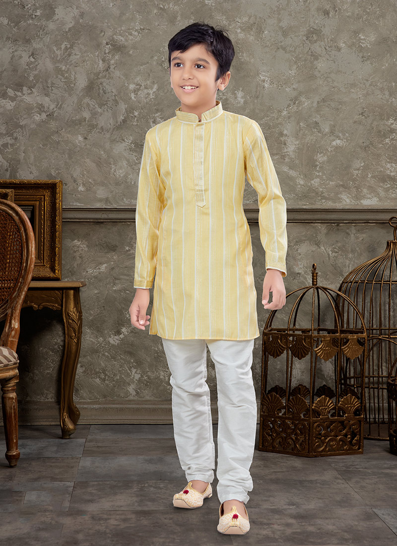 Yellow Off White Blended Cotton Kids Boys Kurta Pyjama Party Wear