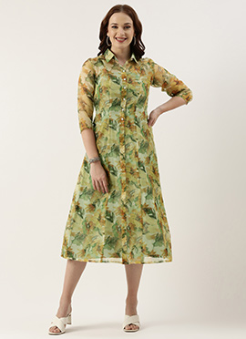 Yellow Organza Digital Printed Coat Style Dress