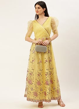 Teen Girls Yellow Organza Embroidered Kali Gown