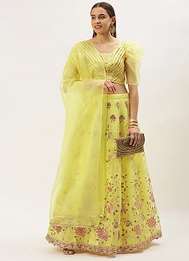 Teen Girls Yellow Organza Embroidered Lehanga