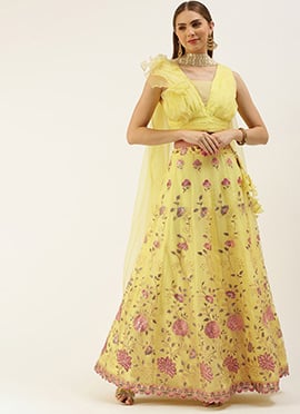 Yellow Organza Embroidered Lehenga Set