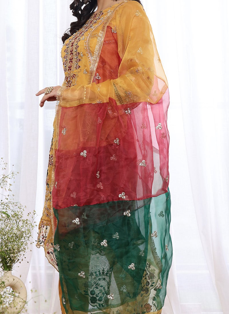 Soft Organza Silk Yellow Embroidered Pant Style Suit