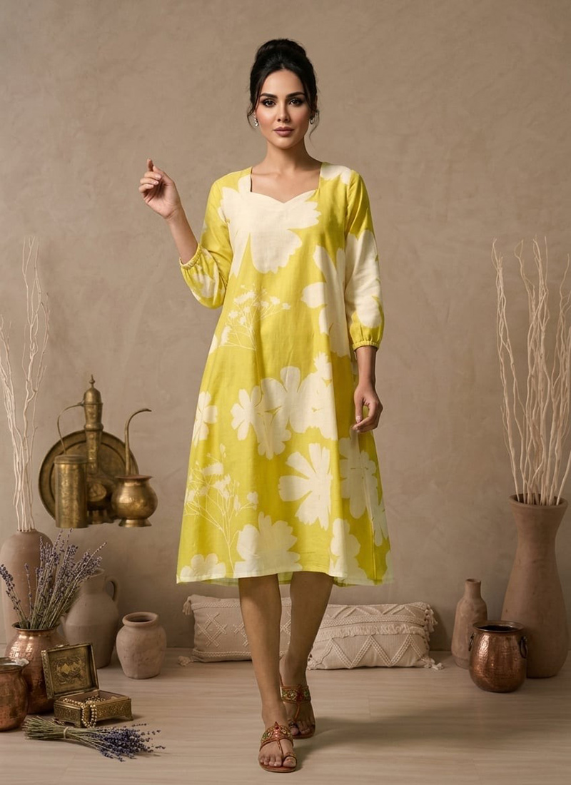 Yellow Printed Cotton Floral Dress After Six Wear
