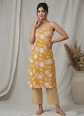 Yellow Printed Cotton Kurta Set