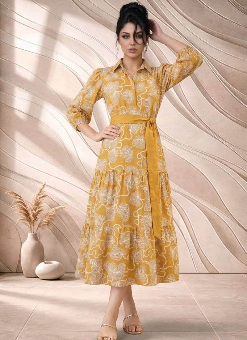 Yellow Printed Cotton Shirt Collar Maxi Dress After Six Wear