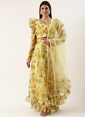 Yellow Printed Organza Lehenga