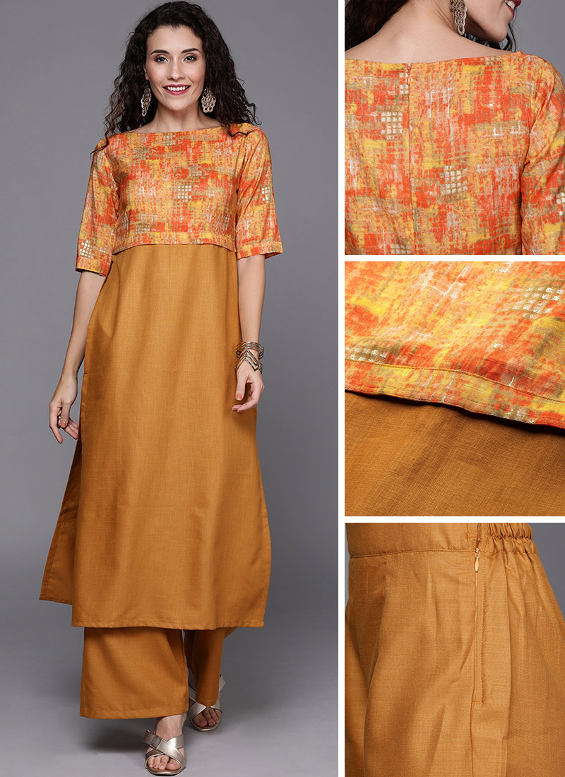 Yellow Printed Rayon Boat Neck Kurta Set After Six Wear